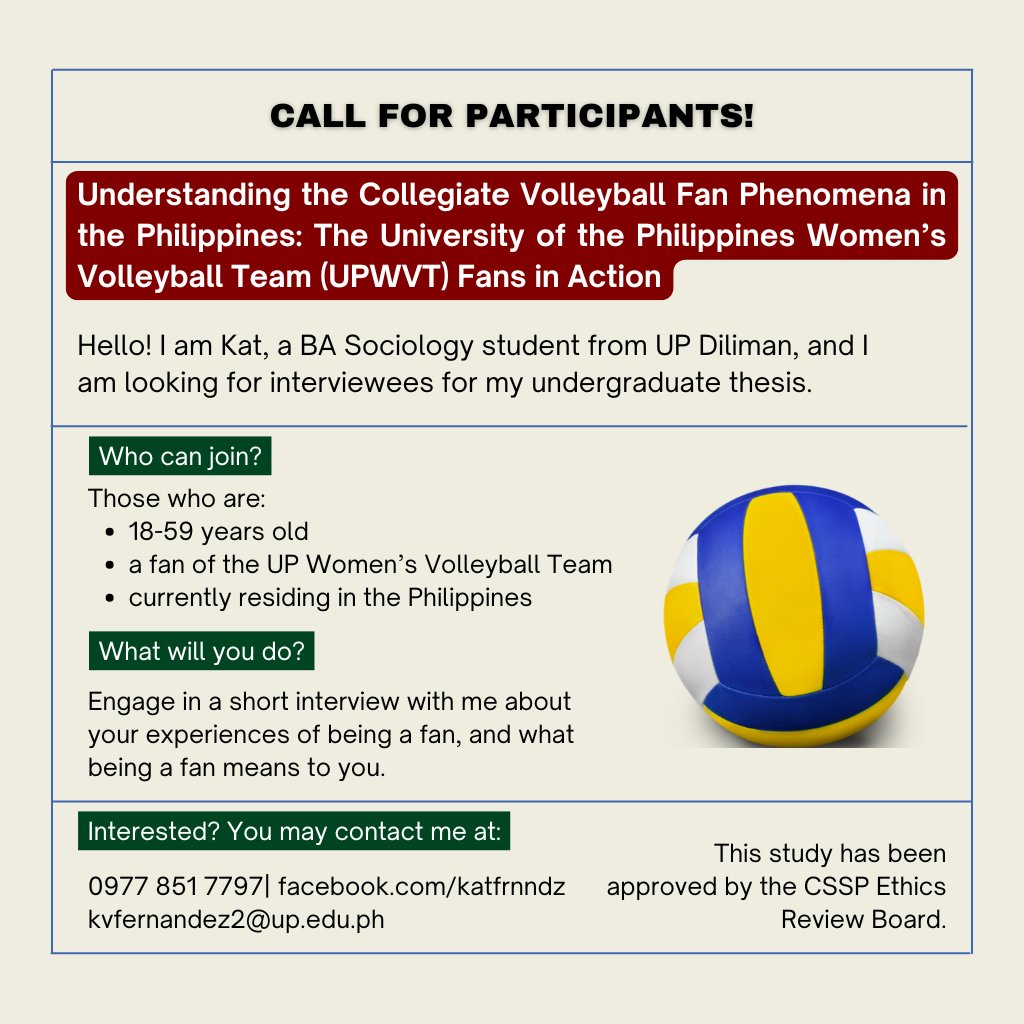 [𝐂𝐀𝐋𝐋 𝐅𝐎𝐑 𝐑𝐄𝐒𝐄𝐀𝐑𝐂𝐇 𝐏𝐀𝐑𝐓𝐈𝐂𝐈𝐏𝐀𝐍𝐓𝐒]
Are you a fan of the UP Women's Volleyball Team (UPWVT)?

If yes, you might be interested in my study! (1/3)