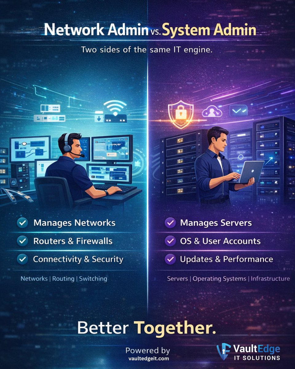 VaultEdgeITMSP's tweet photo. Network Admins secure the flow.
System Admins secure the core.
Aligned teams = stronger infrastructure.
Better Together.
https://t.co/bTOohDoLT7
#SysAdmin #NetworkAdmin #MSP #CyberSecurity https://t.co/F3bBBbiM0T