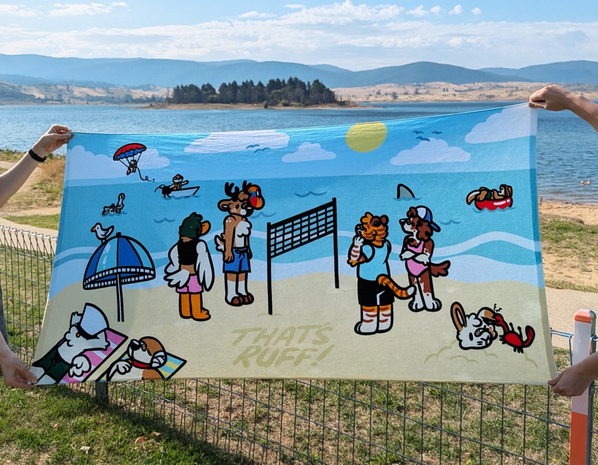 Someone call a lifeguard...

THE DAY AT THE BEACH TOWEL 🌊🏖️

100% super soft cotton!

Available at the Ruff Store from Wednesday &amp; <a href="/melbfurcon/">MelbourneFurryEvents</a> this weekend (online soon!).