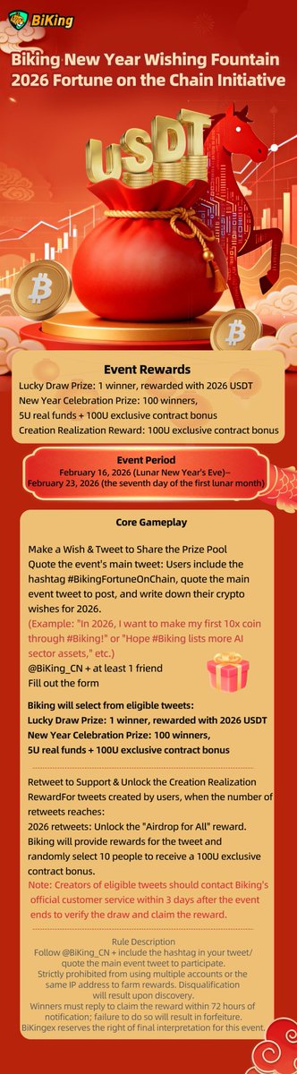 BiKing New Year Wishlist🎉
 2026 Wealth On-Chain Plan is Now Live🚀

📅 Feb 16 – Feb 23  

🏆Koi Prize: 1 winner x 2026 USDT  
🏆New Year Blessing Prize: 100 winners x 5 USDT + 100 USDT exclusive futures bonus  
🏆Creative Rewards: 100 USDT exclusive futures bonus  

✅ How to