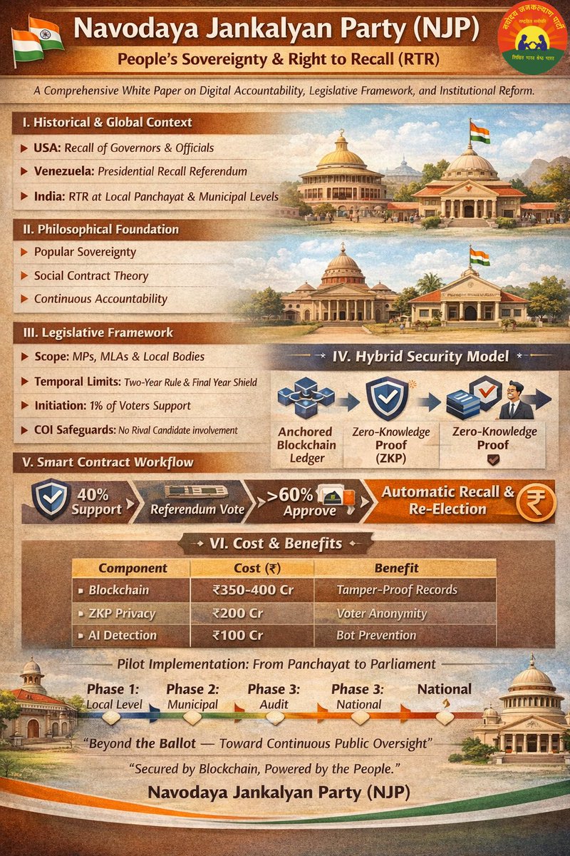 साल का इंतज़ार क्यों? अब जनता करेगी फैसला! 🚩
​नवोदय जनकल्याण पार्टी (NJP) लाई है Right to Recall:
✅ 2 साल में खराब नेता की छुट्टी
✅ ब्लॉकचेन से सुरक्षित वोट
✅ ZKP से पूर्ण गोपनीयता
​सत्ता की चाबी अब आपके हाथ में! 🗝️
​#RightToRecall #NJP #DigitalDemocracy