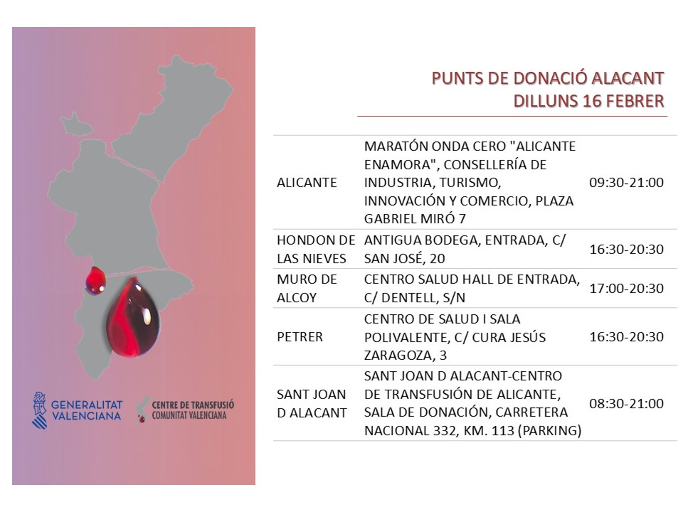 GVAdonasang's tweet photo. Punts de donaciรณ #Alacant
๐
dilluns #16febrer
Donar sang รฉs un acte voluntari i altruista que ens beneficia a tots.
๐T'esperem si ja han transcorregut 2 mesos des de la teua รบltima .
Uneix-te a #LaFร bricaDeLaVidaโค๏ธ https://t.co/T0iT2Yru1b