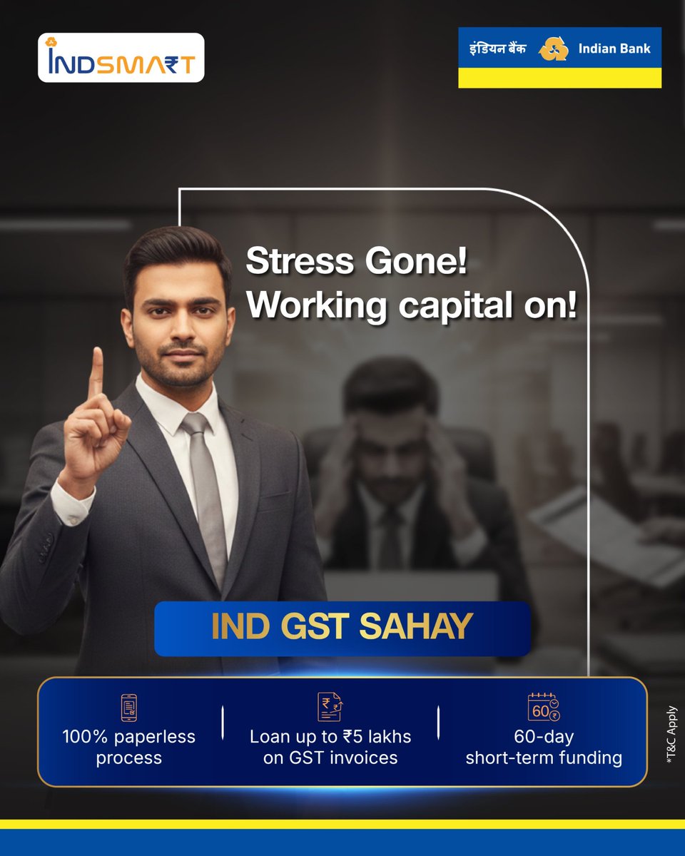 MyIndianBank's tweet photo. IND GST SAHAY offers quick, paperless process for loans up to ���5 lakhs against GST invoices with 60‑day short‑term funding. Simple, secure, and fast—designed to keep your enterprise moving without delays, so you focus on growth while we handle the rest. T&C apply.
Know More: https://t.co/LnU3XXjnBp
#IndianBank #GST