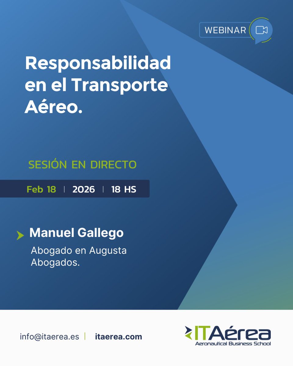 📅 Nuevo Webinar 🌟 Responsabilidad en el Transporte Aéreo.

📅 18/02/2026
🕧 18.00 CET
🎓 Manuel Gallego, Abogado en Augusta Abogados.

Solicita más información escribiendo a 📨 info@itaerea.es