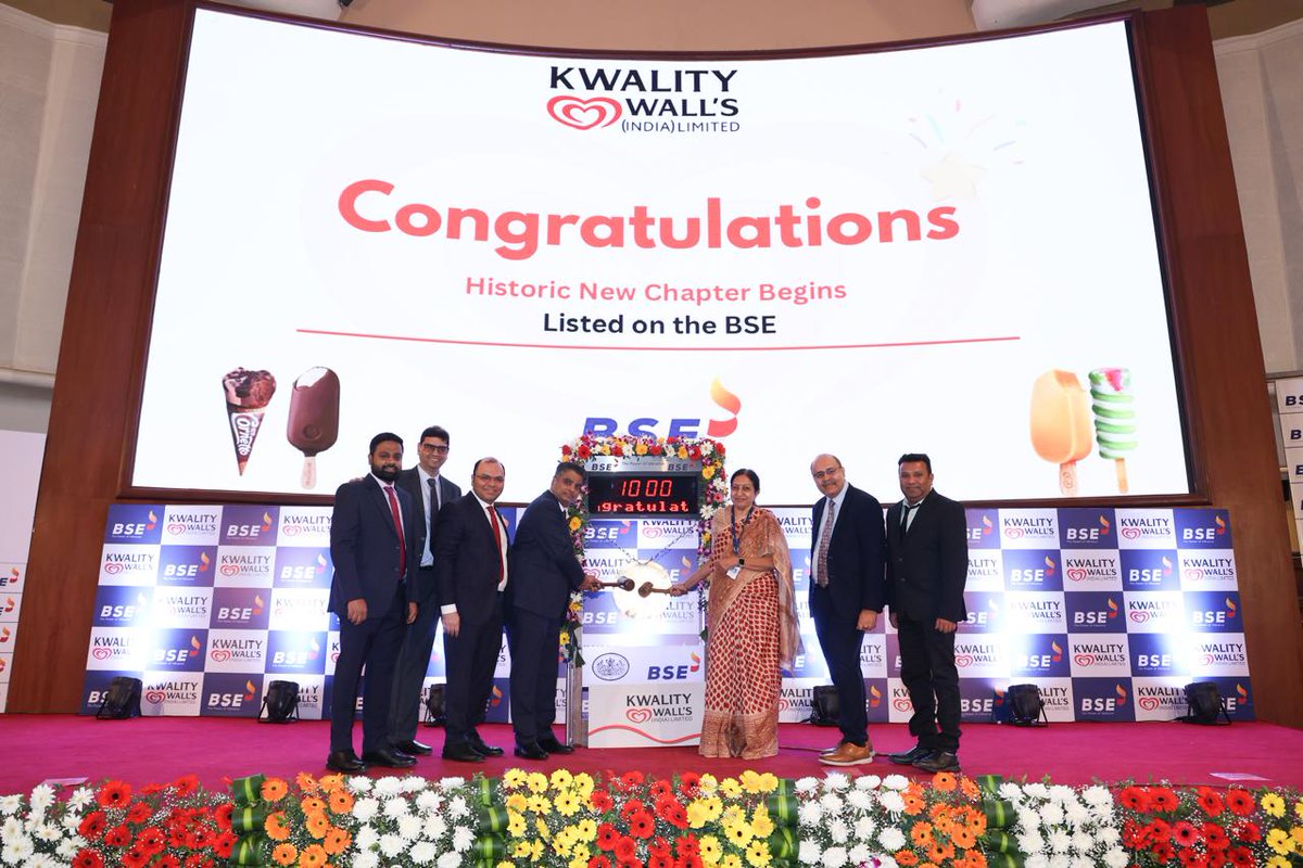 BSEIndia's tweet photo. #ListingsAtBSE | Kwality Wall’s (India) Ltd. got listed on BSE.

Mr. Chitrank Goel - Deputy Managing Director KWIL, Mr. Prashant Premrajka - Executive Director & CFO KWIL, along with Ms. Kamala K, Chief Regulatory Officer, BSE, Mr. Deepak Endley - Head of Establishment and Mr. Shivraj Betkikar - Chief Information Officer, and other dignitaries rang the #BSEBell to mark the listing.