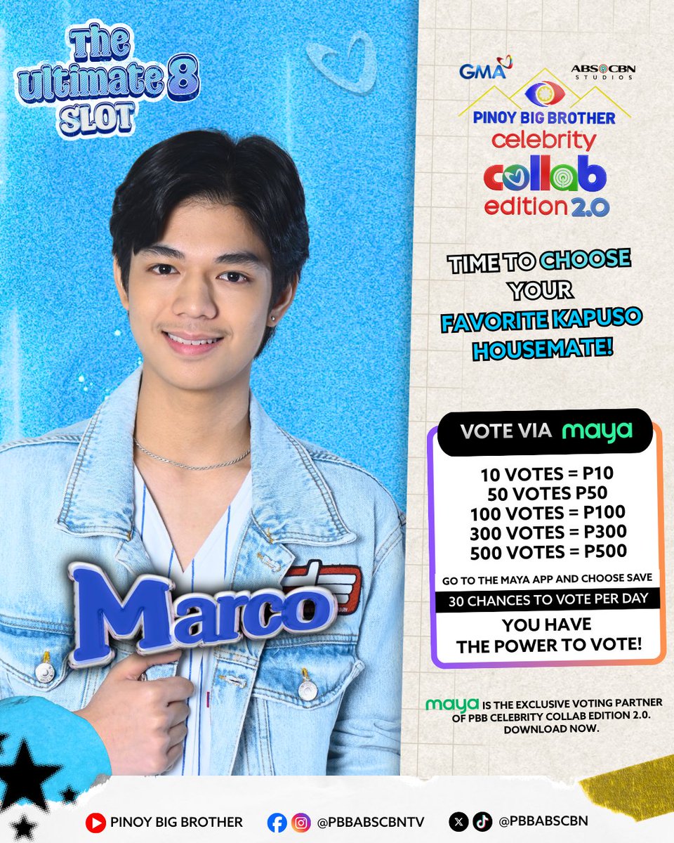 Vote to save MARCO with Maya! ✨🏠

Nasa inyong mga kamay kung sino nga ba ang mga dapat pang manatili sa loob ng Bahay Ni Kuya! ❤️

How to vote via Maya 📲
1. Download the Maya app (it’s FREE)
2. Cash in before voting
3. Tap the PBB Icon
4. Choose the PBB Housemate you want to