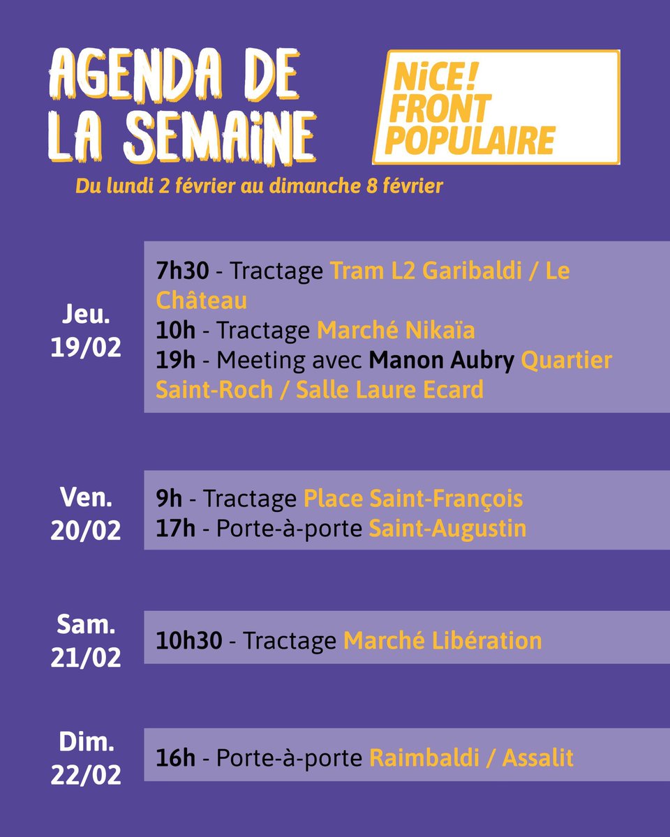 🔴 Tractages, porte-à-porte, meeting : cette semaine encore, retrouvez nous sur le terrain pour porter le programme Nice Front Populaire !

#nice #nice06 #nicefrontpopulaire #municipales