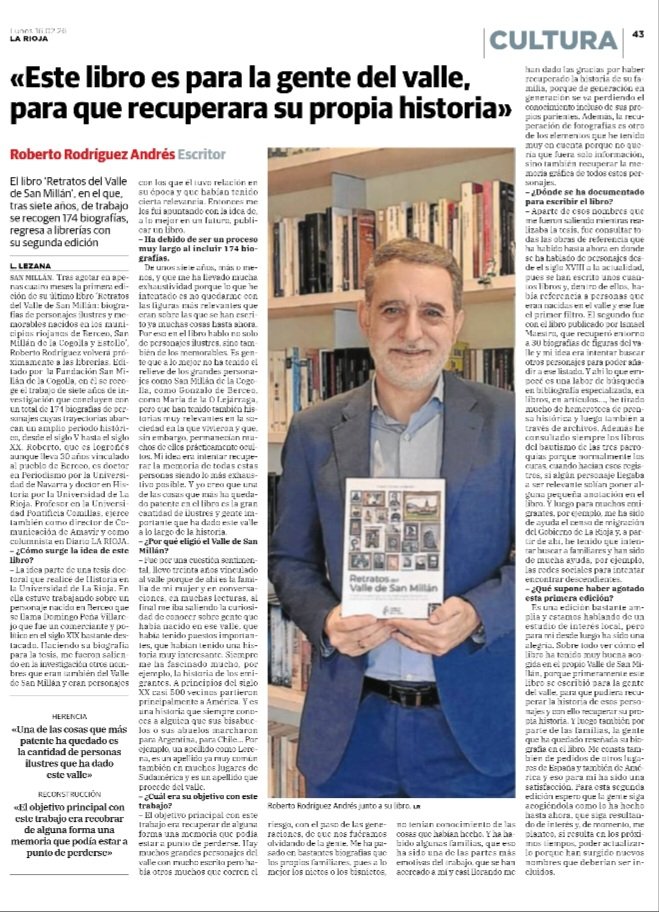 Hoy, entrevista en el diario <a href="/lariojacom/">lariojacom</a> sobre mi libro "Retratos del Valle de San Millán".