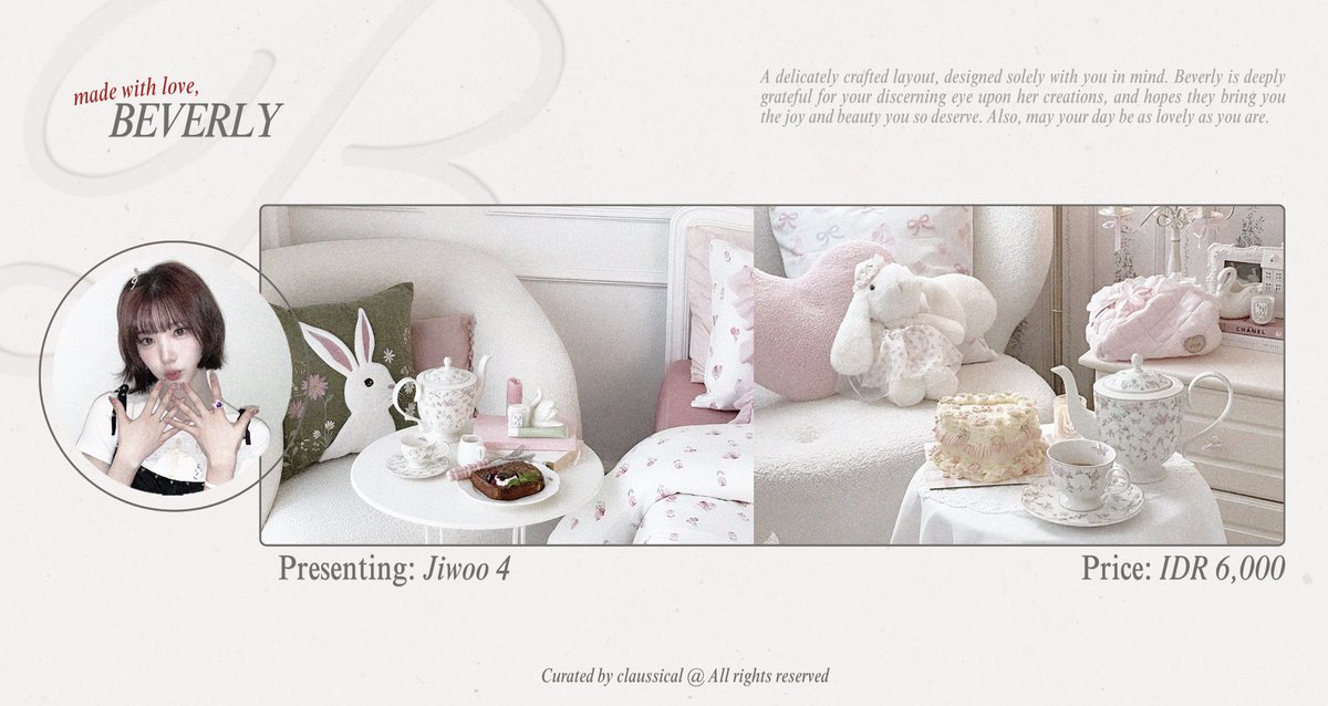 claussical's tweet image. Please help me to repost, thank you! 🧸🩰✨

Lovely afternoon 🤍 6 ready stock layout with Miss Jiwoo H2H as the muse are up for grabs. DM me if you’d like one. #zonauang