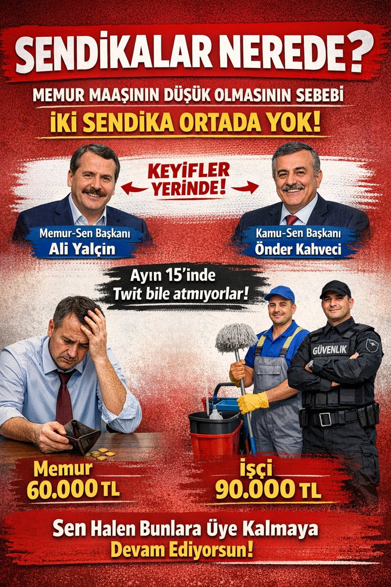 MemurSGK's tweet photo. Sendikalar memuru umursamıyor, çünkü memur onlardan istifa etmiyor!

Önceden ayın 15'inde hikayeden Twit atan @MemurSenKonf Ali ve @Kamu_Sen Onder artık onu da yapmıyor!
Memur diyor ki: KPSS ile geldim ben 56.931₺ aldım, ilkokul mezunu temizlik işçisi 74.000₺ aldı adalet nerede https://t.co/TGWrZNdLDZ