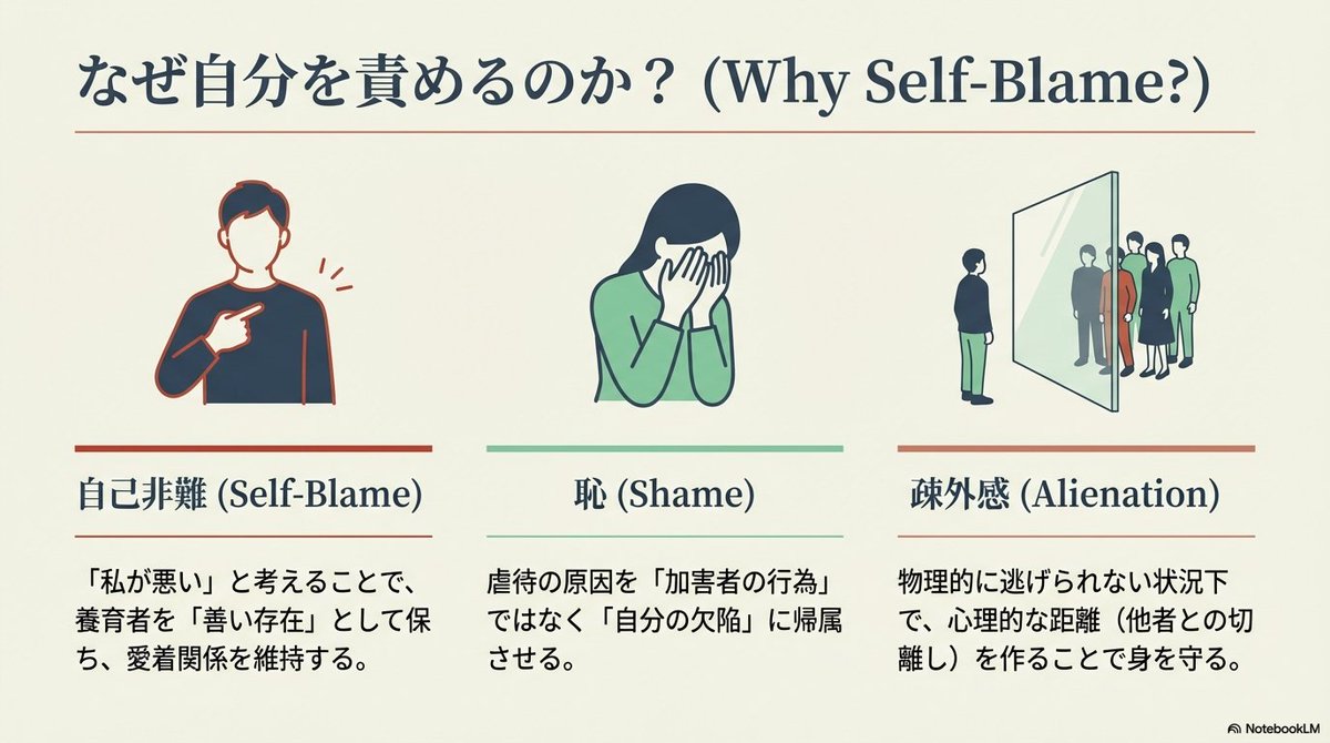 xhiyoco's tweet photo. 「私が悪い」の機能

「私が悪い」と考えることで、
相手は悪くなくなる。
世界は保たれる。

関係は続く。

もし相手が悪人なら、
世界は危険になります。

だから自己非難は、
愛着を守る装置なのです。 https://t.co/DtYBHu2vsD