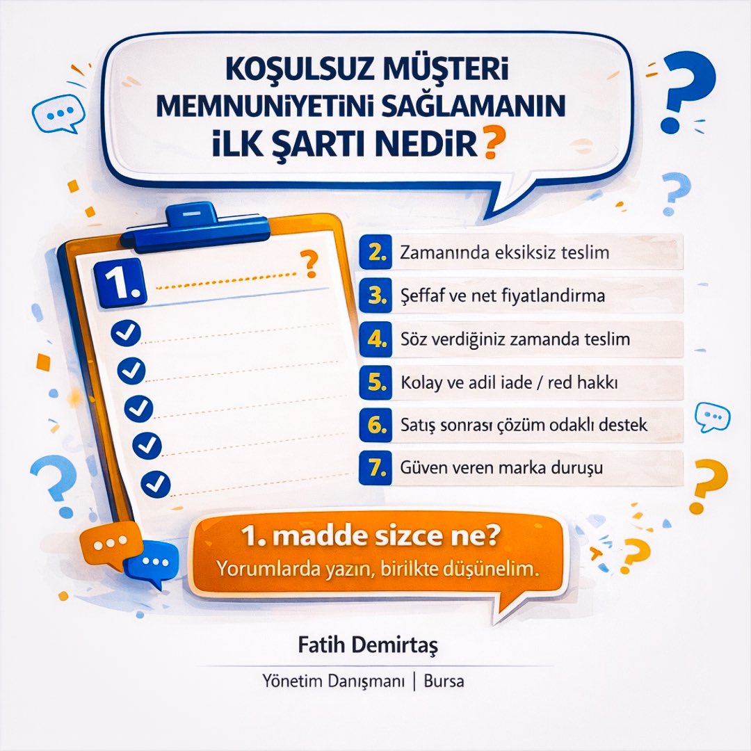 Müşteri memnuniyeti tesadüf değil, tasarımdır. Ürünü satmak kolaydır; güveni korumak zordur.

Sizce koşulsuz müşteri memnuniyetinin ilk şartı nedir? Yorumlara yazın, birlikte düşünelim. 💬

Gerçek rekabet, fiyatla değil güvenle kazanılır. 🚀
#MüşteriMemnuniyeti #İşHayatı