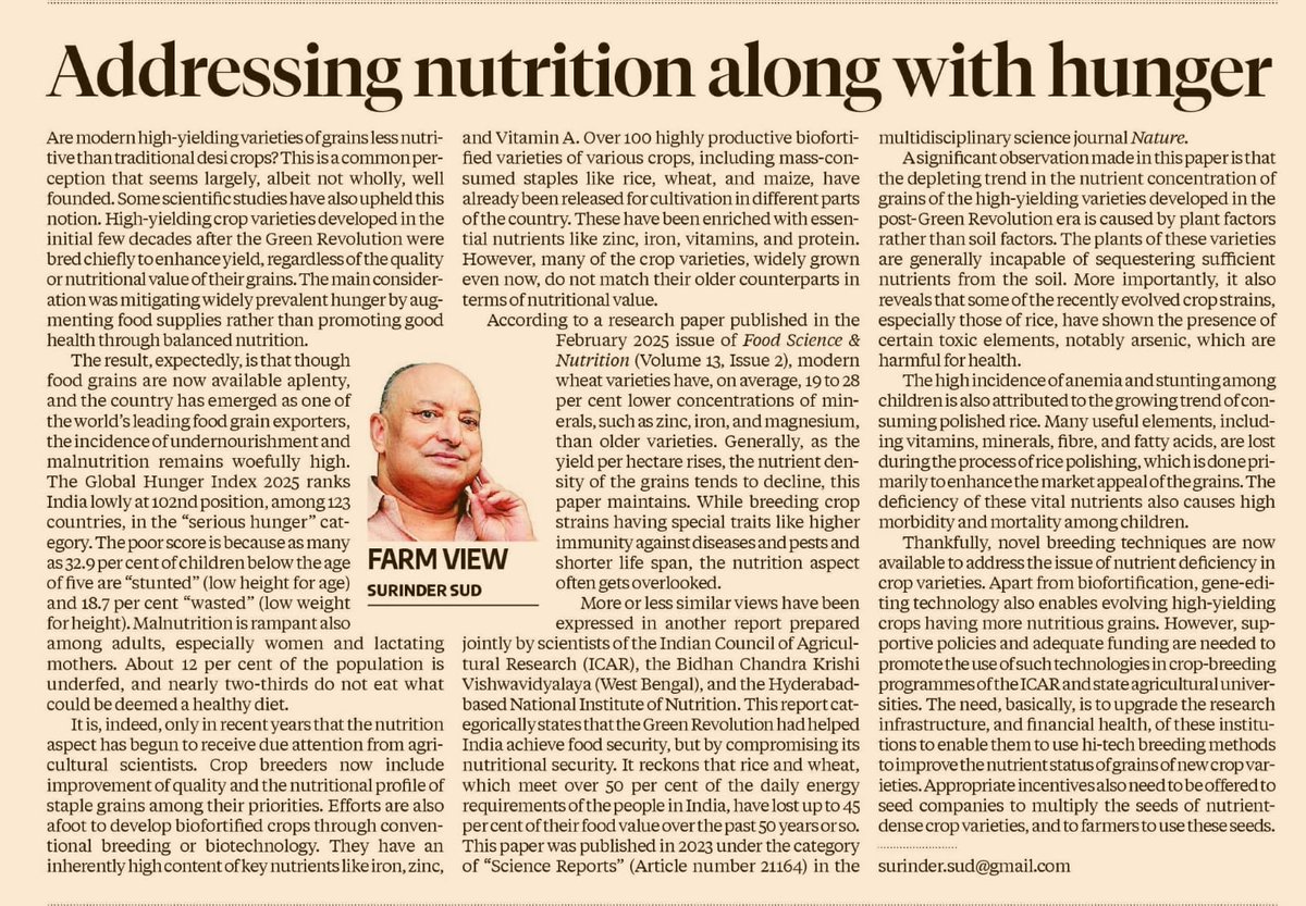 Write-up in Business Standard on decline in nutrition of modern staple grains