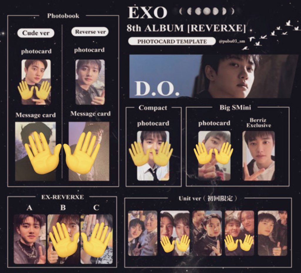 🌼EXO Reverxe トレカ交換🌼

譲）写メの全て＋VISION B ver（スホ・チャニョル・セフン）

求）ギョンス D.O. （異種可）　
      👐以外の全て

クリックポスト等の追跡可能な郵送交換希望です💌✨
どうぞ宜しくお願いします🙏💕