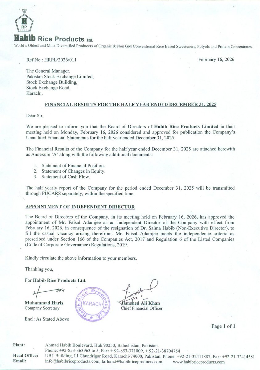 ChasePSXNotices's tweet photo. HRPL - Financial Results For the Half Year Ended - 31 December 2025
#PSX #Stock #News #HRPL #FinancialResults https://t.co/uJ5tPmHefD