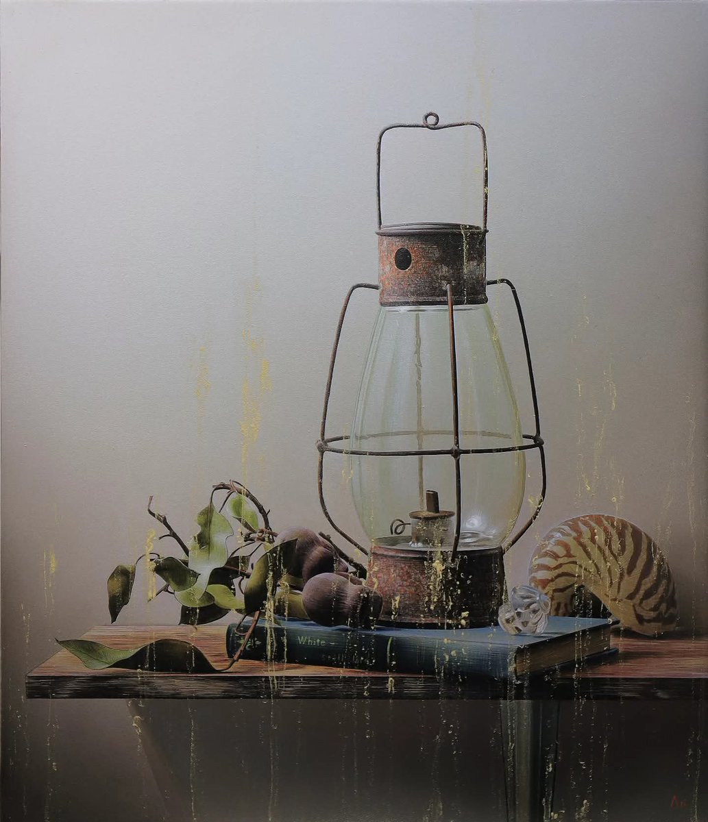 白の静物(ランプとオウムガイ)再考 』 パネル、透明水彩、アクリル