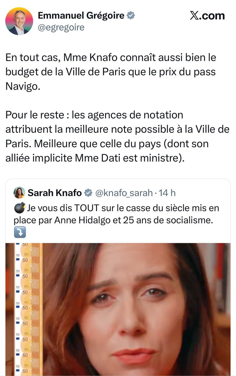 Réponse de Sarah Knafo  à Emmanuel Grégoire

Cher Emmanuel Grégoire,

Vous vous révélez enfin. 😏 Je suis l’adversaire n°1 du bilan Hidalgo, vous êtes son défenseur n°1. Parlons de fond, pour une fois. Ça vous changera.

Vous brandissez la notation de S&amp;P comme un trophée. C’est