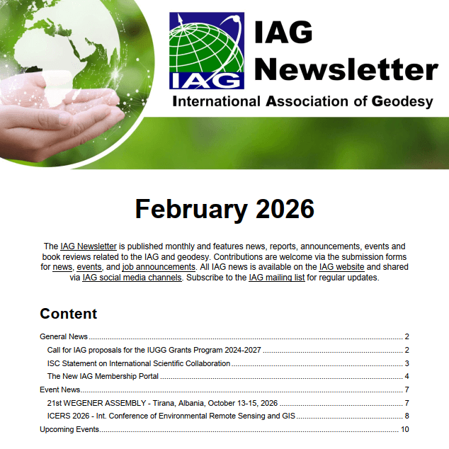 IAG_GGOS's tweet image. 📣 New IAG News Hub | All IAG &amp;amp; component news now centrally available. 

Stay updated via:

📧 mailing lists
📡 RSS, 
🌐 Social Media
📄 Redesigned monthly PDF Newsletter

👉 Read more: geodesy.science/2026/iag-news-… 

@iag_geodesy @theIUGG  #Geodesy #GeodesyScience #EarthScience