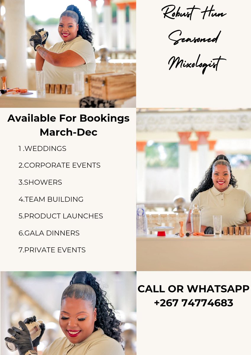 Dumelang✨️🍹🍸

Do you have an event or occasion coming up and you are looking for the best bar management services provider?

Well look no further...
Be it
Welcome Drinks
Cocktails
Mocktails
Beers
Ciders
Shots
Wine
Champagne

You name it..we serve it!!

Get in touch today and