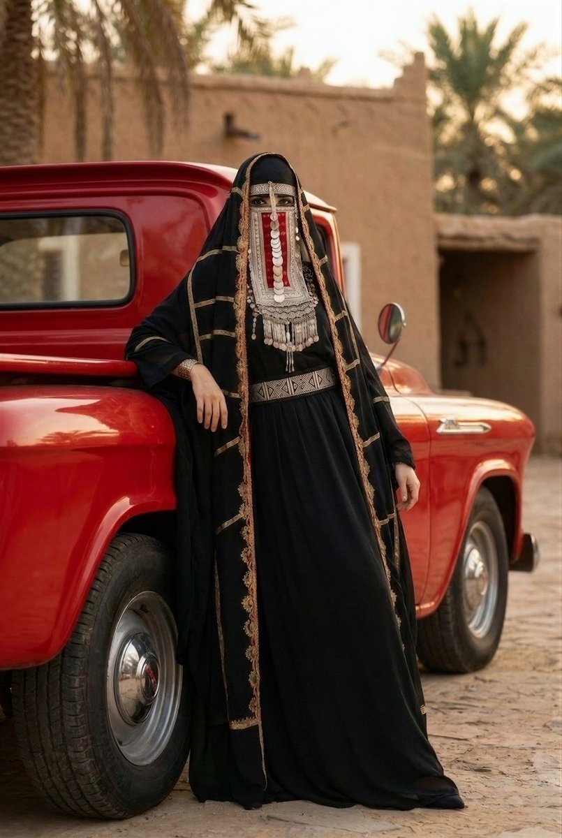 التفاصيل تتحدث بهدوء،
لكن صداها يصل بعيدًا

Full-body fashion editorial photography of a Saudi woman wearing traditional black heritage attire with gold embroidery, ornate red and silver burqa, intricate chest jewelry and patterned belt, leaning confidently against a classic red pickup truck, traditional mud house in the background, palm trees, desert courtyard, golden hour lighting, powerful model pose, one hand resting on the truck, high-end cultural fashion shoot, ultra detailed fabric texture, shallow depth of field, 85mm lens, cinematic warm tones, professional fashion photography, Vogue-style heritage editorial, ultra high resolution.