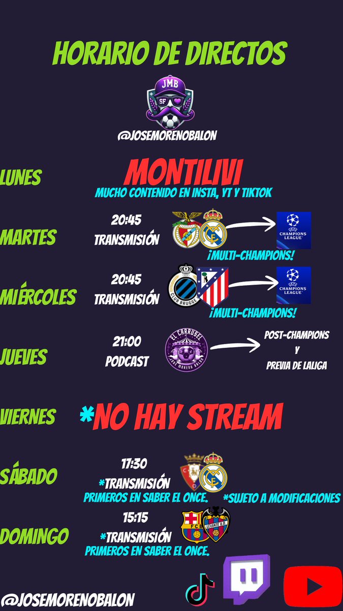 ⛔️Hoy no habrá <a href="/CarruseldeJMB/">El Carrusel de Jose Moreno Balón</a> porque estaremos disfrutando de otro derbi catalán en Montilivi.

⭐️Martes y Miércoles tenemos el multi-champions a fuego con especial hincapié en la narración del Real Madrid y Atlético de Madrid.

🎙️Jueves si que tendremos podcast. Post-champions y