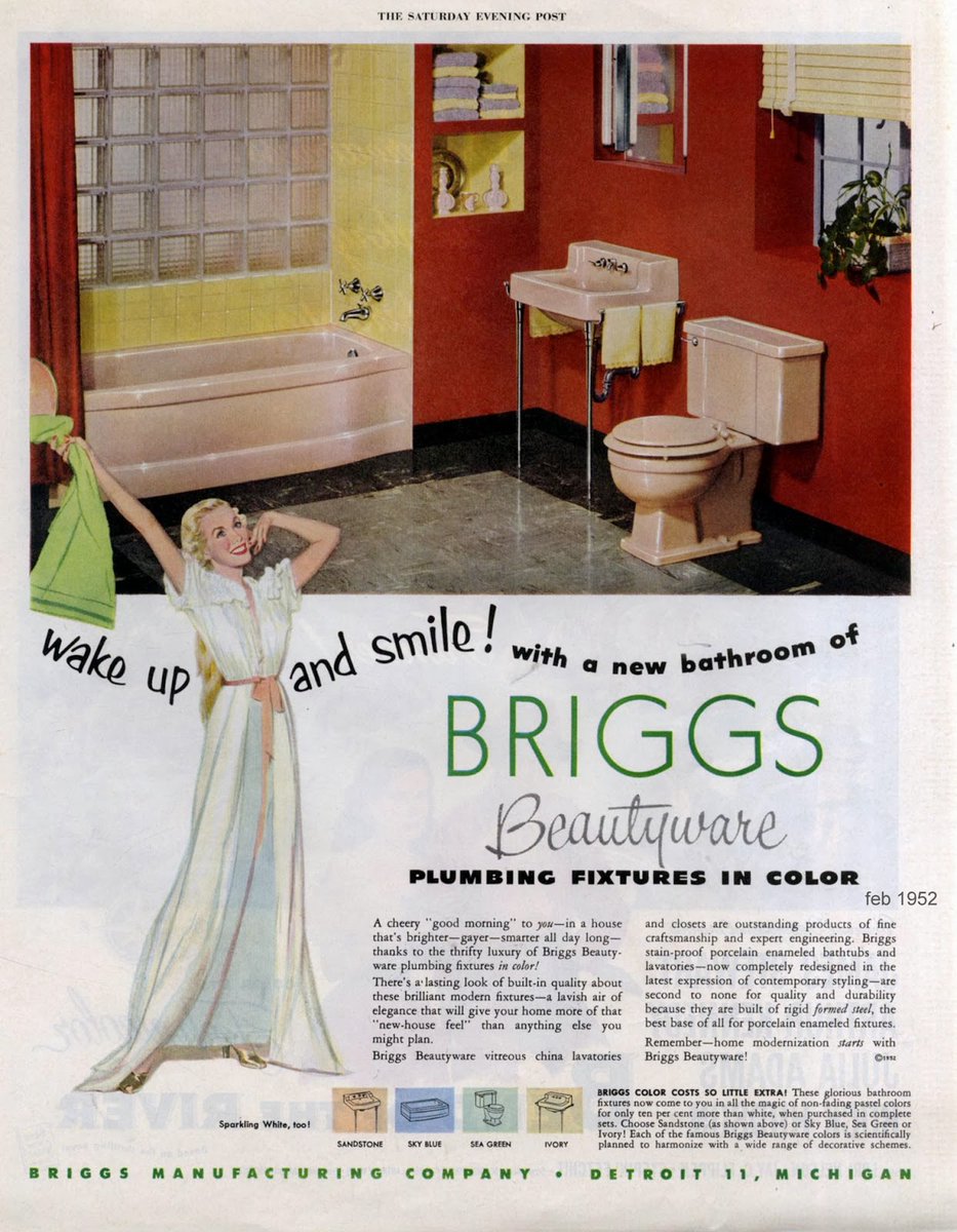 LRonLacy's tweet photo. In #FEBRUARY 1952
‘wake up and smile! with a new bathroom of Briggs Beautyware plumbing fixtures in color’
Briggs Manufacturing Company. February 1952.
#interiordesign #interiordecoration #bathroom #bathroomfixtures #plumbingfixtures #glassbricks #womensfashion #Biggs https://t.co/kFCwluLx96