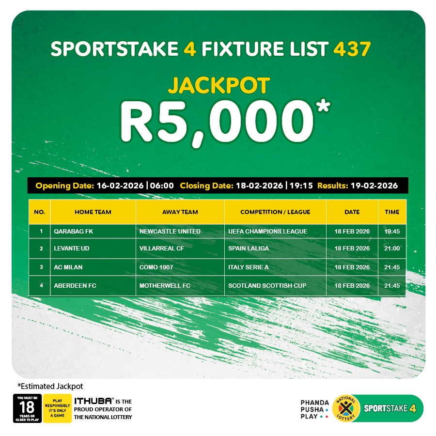 sa_lottery26's tweet photo. Here are the #SPORTSTAKE4 #FixtureResults, #Dividends for list 436 & #Fixturelist 437 with an estimated Jackpot of R5,000. Congratulations to the winner of R9,558. You are #InjaYeGame.
Players must be 18 years or older, play responsibly. https://t.co/nFliWaRyNn