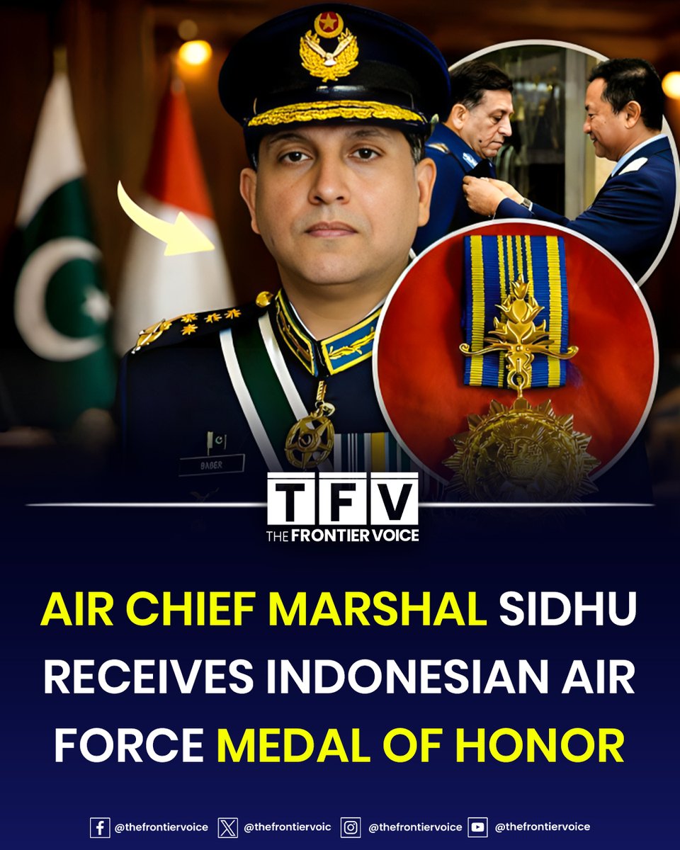 thefrontiervoic's tweet photo. Air Chief Marshal Zaheer Ahmed Baber Sidhu, Chief of Air Staff Pakistan Air Force, has been awarded the Medal of Honour — the highest award of the Indonesian Air Force — during his official visit to Indonesia. The honour recognises his outstanding contributions to strengthening bilateral air power cooperation between Pakistan and Indonesia.
He also called on President Prabowo Subianto, with both sides emphasising deeper defence ties. 

#PakistanAirForce #DefenceCooperation #Pakistani
