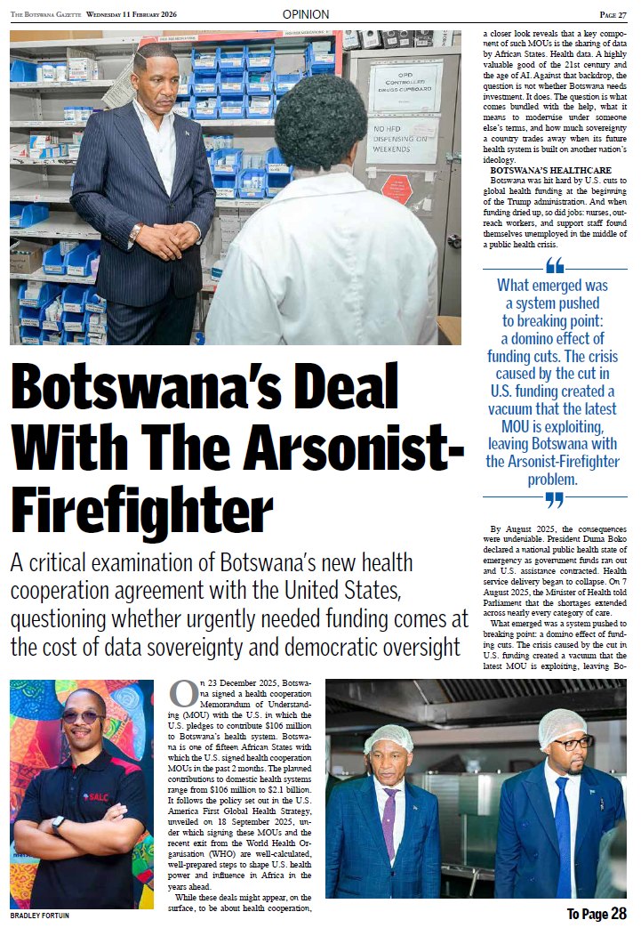 Follow_SALC's tweet photo. In this article in the @gazettebw, SALC’s Bradley Fortuin highlights that #Botswana’s health cooperation Memorandum of Understanding with the U.S. under the America First Global Health Strategy is, below the surface about data sharing, surveillance and locking a sovereign public-health function into U.S. strategic architecture.

Read more: https://t.co/GOxzeIlenL
#GlobalHealth #HealthSovereignty #PowerAndPolitics #PublicAccountability #salcat20