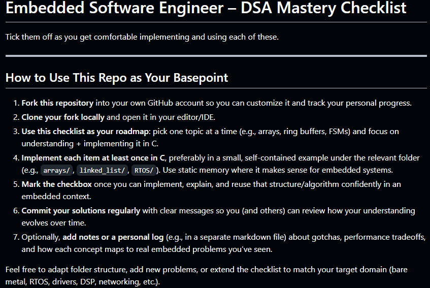 Well, this has been a long time coming.

github.com/dubistweltmeis…

I have compiled a list of DSA Concepts that I think are important for embedded software engineers. But, I wanted to help my readers get started with it, and not just read it, bookmark, and forget about it. 

So, I