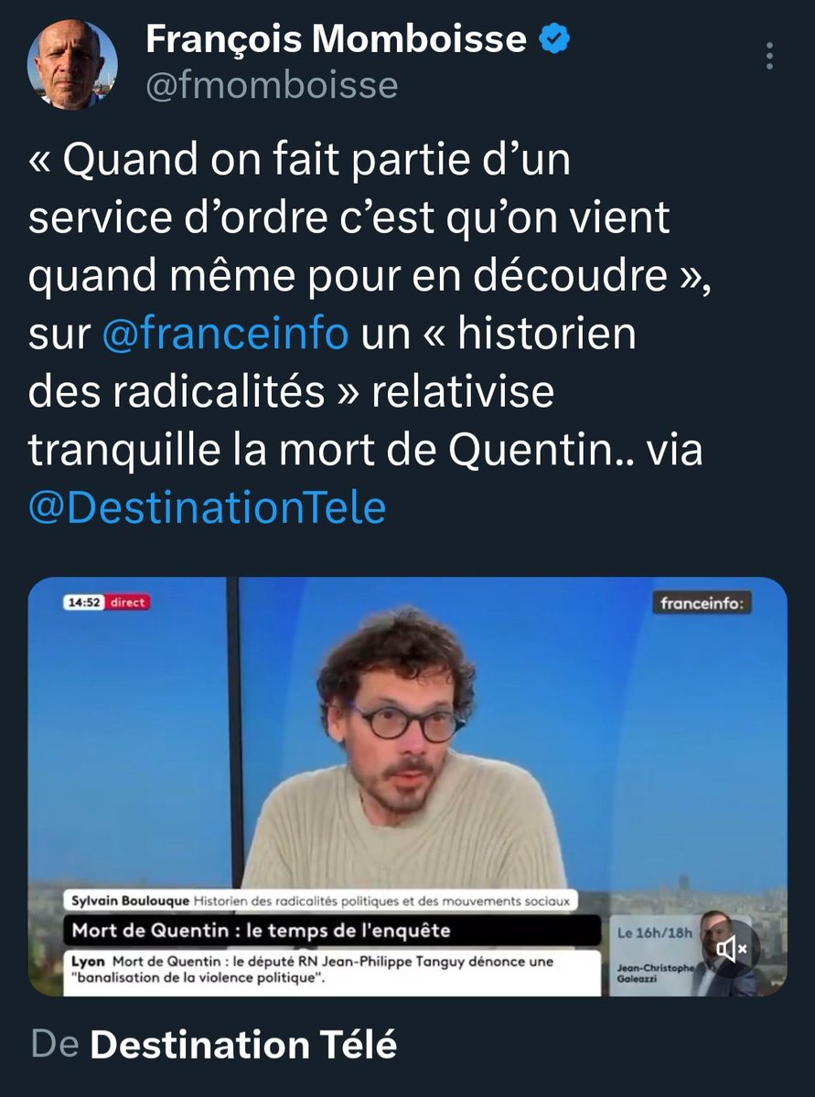 L’indécence ultime sur le service public de l’information...
Un jeune homme présent dans un service d’ordre meurt après avoir été tabassé (images insoutenables) et certains programmateurs jugent utile de demander l’avis d’un essayiste d’extrême-gauche dont l’existence médiatique