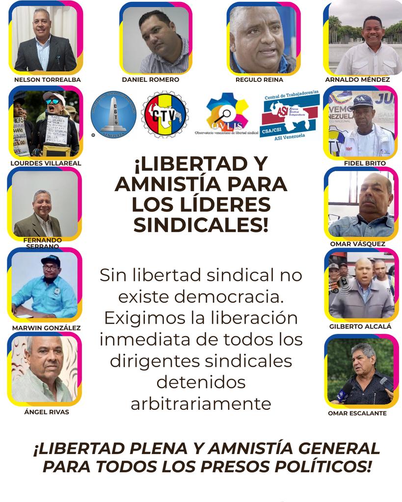 Siguen pasando los días y el gobierno no cumple con lo prometido: la liberación de todos los presos políticos.
Las familias de los líderes sindicales siguen esperando por ellos.

¡Exigimos libertad plena y Amnistía General para todos los presos políticos!
#Venezuela