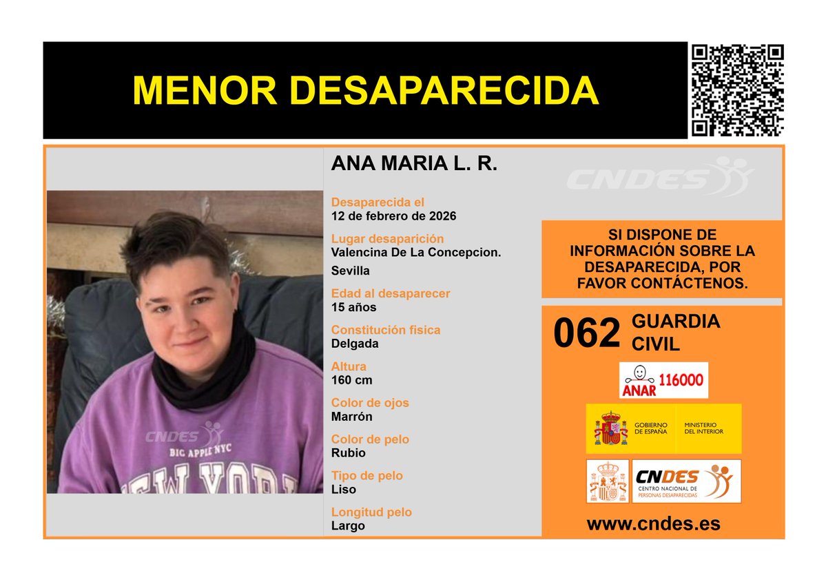 ⚠️🚺MENOR DESAPARECIDA🚺⚠️
Edad 15 años
🧐Última localización #Sevilla 
Ayúdanos➡️comparte 📲
Si crees haberla visto 📩cndes-web.ses.mir.es/publico/Desapa…
📞062@guardiacivil
☎️116000 ANAR
<a href="/cndes_oficial/">CNDES</a> #menor #desaparecida