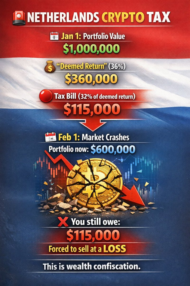 cryptfinancial's tweet image. 🚨 The Netherlands just passed the most insane tax law in crypto history.

They're taxing UNREALIZED gains.

You haven't sold. You haven't made profit. But you OWE them money.

Here's why this is coming to your country next 🧵

#CryptoTax #Netherlands #Bitcoin