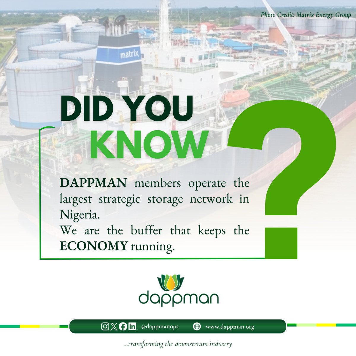 dappmanops's tweet photo. We act as the critical buffer stabilizing supply, ensuring fuel availability when the economy needs it most. Proud to be the infrastructure backbone keeping Nigeria moving.

Transforming the downstream industry. 

#EnergySecurity #Infrastructure #DAPPMAN #Nigeria https://t.co/j7kXFsr6Pm