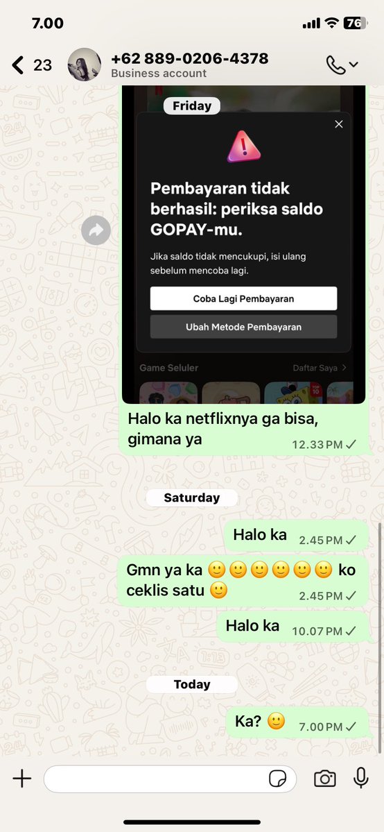 [HELP RT PLS] #zonauang
Halo temen2 BA, aku sedang cari seller dengan nomor hp berikut.

Aku beli netflix 1p1u semipriv di dia pd tgl 4 februari. Lalu pada hari jumat, 13 februari, netflix nya udah gak bisa dipakai. Terus aku coba chat issue ini ke seller dari jumat hingga skrg —