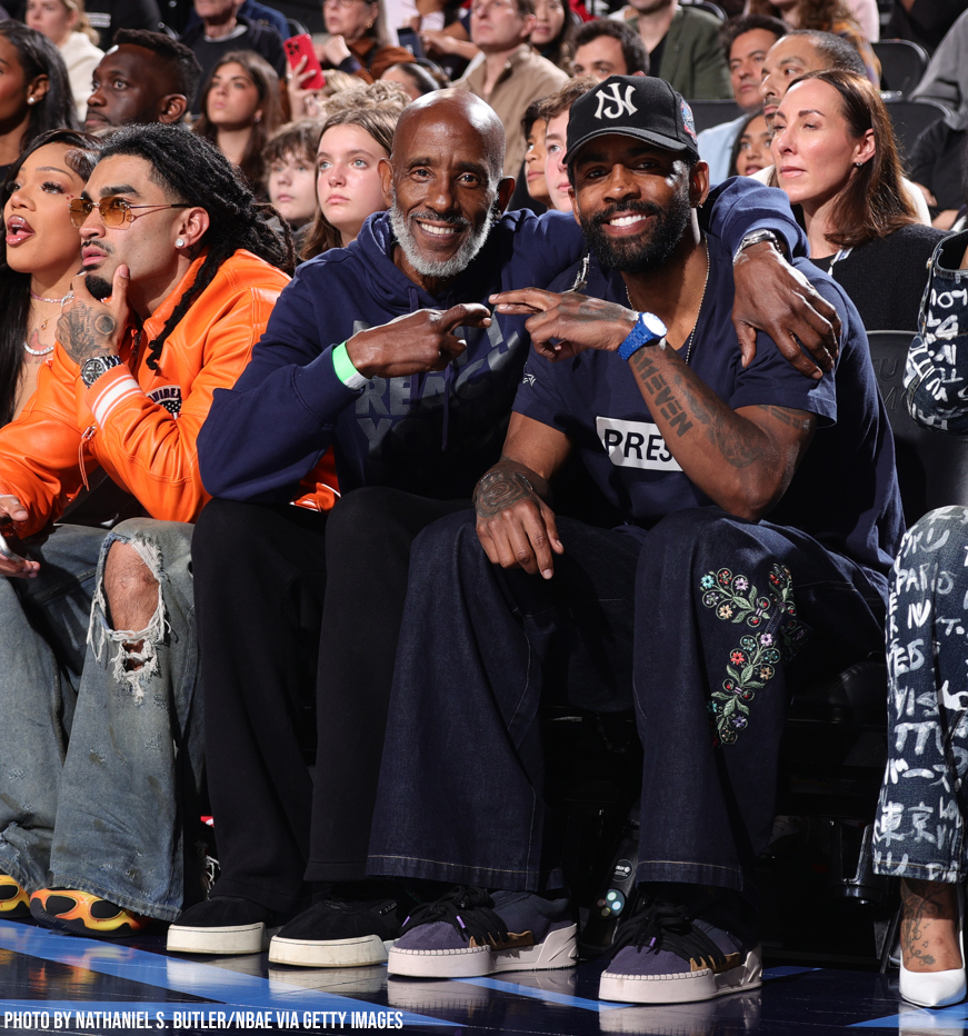 Kyrie Irving with his dad at the All-Star Game, wearing a “PRESS” shirt. 

The tag of the shirt: “Dedicated to our beloved journalists in Gaza showing the world the truth.”