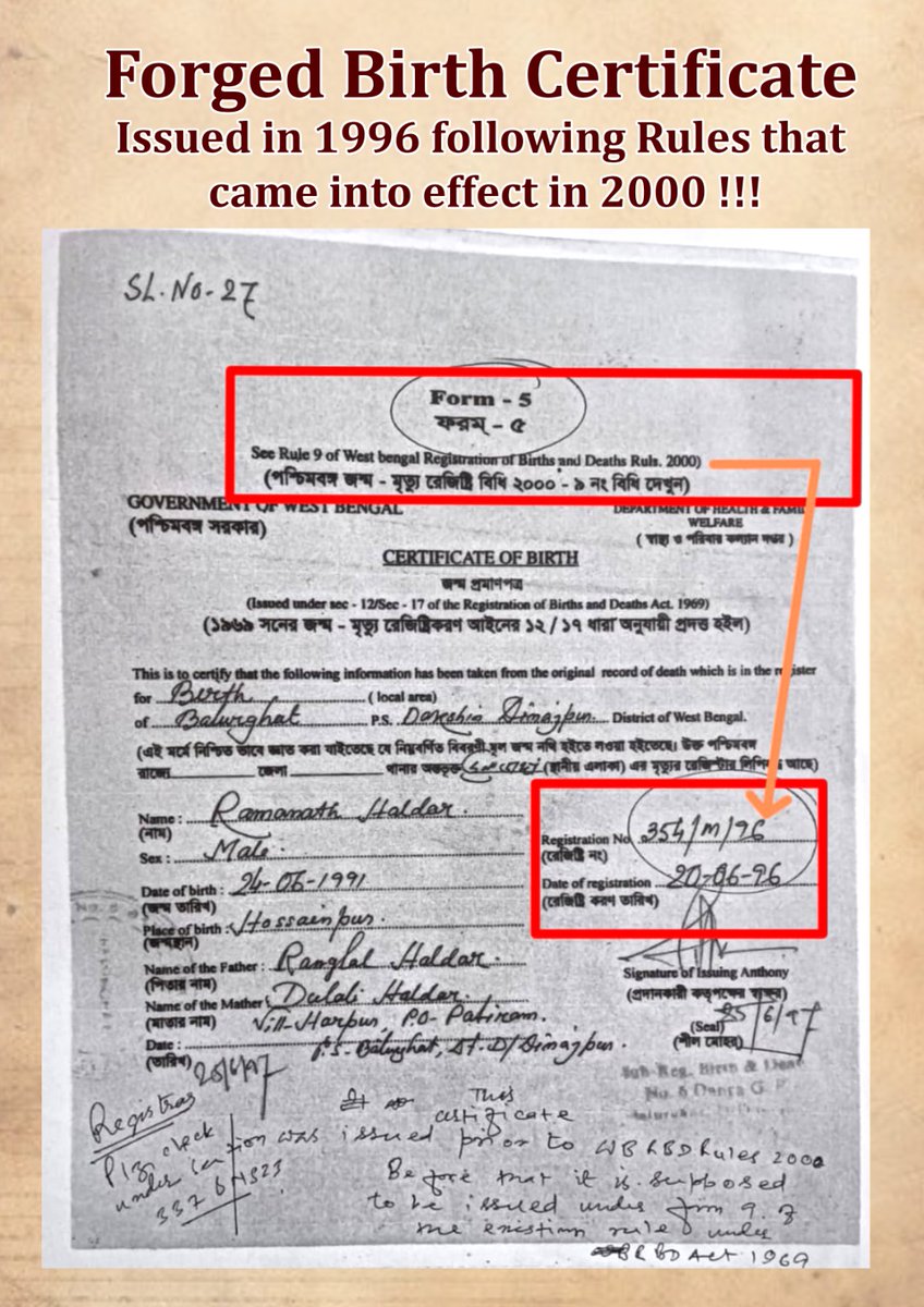 SuvenduWB's tweet image. A shocking revelation from Gazole Block in Malda district exposes the depths of corruption under the TMC-led West Bengal Administration ! 
Blatantly false birth certificates are being issued. To make matters worse, the Registration date is of 1996, but it brazenly cites Rule 9 of