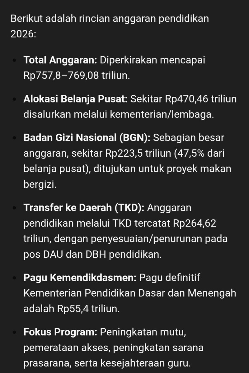 <a href="/Dahnilanzar/">Dahnil A Simanjuntak</a> Izin pak <a href="/Dahnilanzar/">Dahnil A Simanjuntak</a> 
Anggaran BGN 4x lbh besar drpd anggaran untk kemendikdasmen
Nama nya belanja fungsi pendidikan tp hampir 50% untk BGN
Apakah program pendidikan ditentukan di BGN atau kemendikdasmen