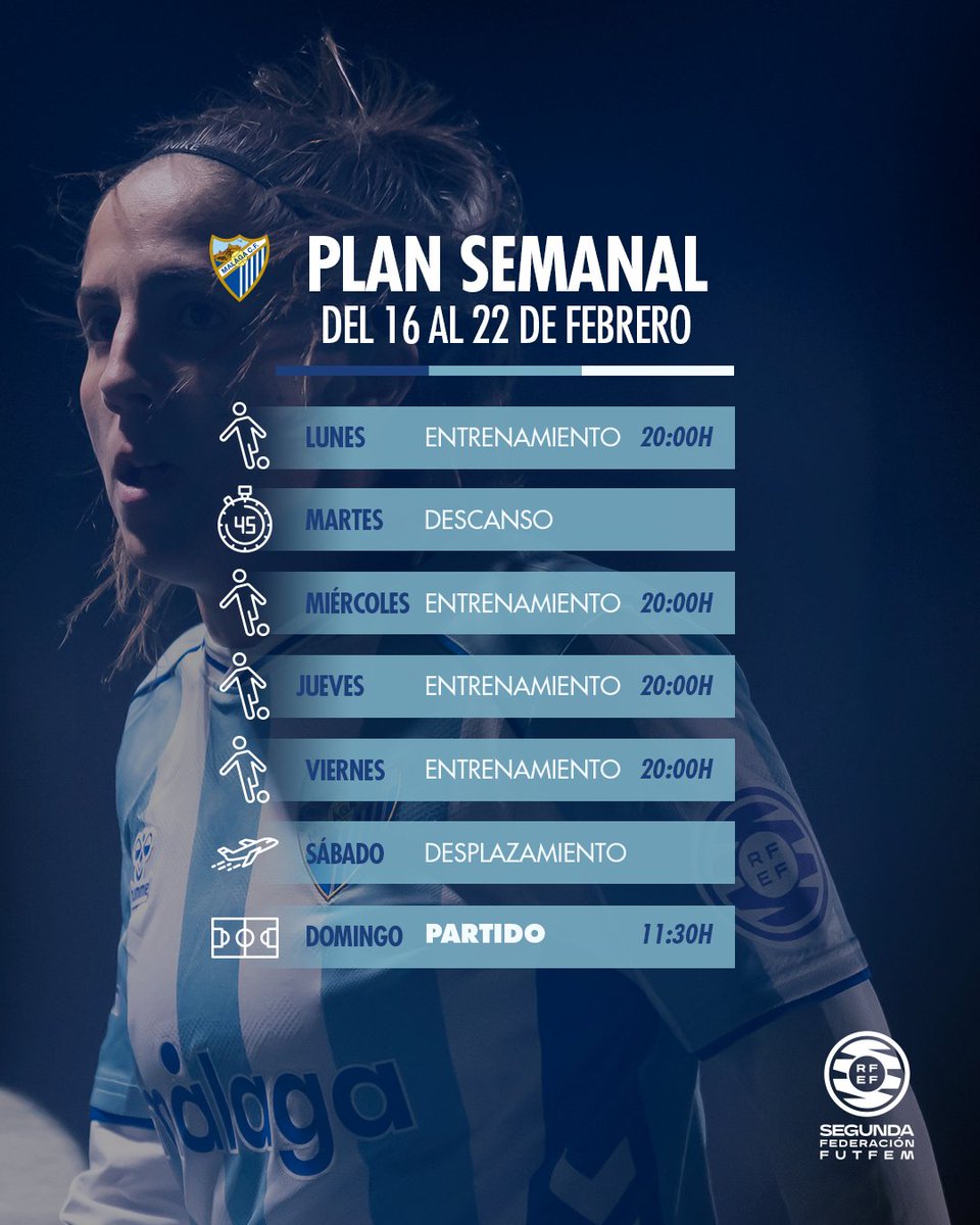 📆 𝐏𝐋𝐀𝐍 𝐒𝐄𝐌𝐀𝐍𝐀𝐋 📆

Confianza, sin estar confiadas, entrenando a tope para llegar en las mejores condiciones al #JuanGrandeMálaga ⚽️

#AgendaMCFF