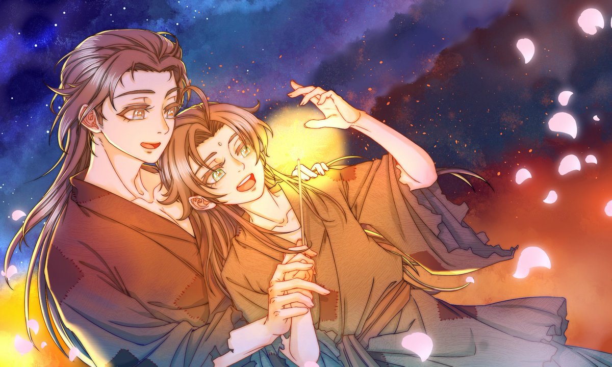 #svsss 
#QiJiu #七九 
#ShenJiu #YueQingyuan 

“昨夜梦回中，推窗见小村落。童言说无忌，拥身坐看天河。”
——《寻常歌》

画这种春节图时满脑子都是这首歌，太适合七九了😭