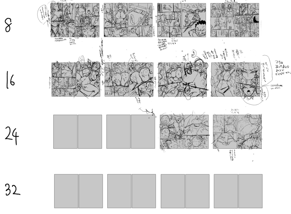 朝からずっとネームやってる
セリフ考えて、構図考えて、擬音考えて、を同時にやるわけで、
何ページになるか全くわからない。
とにかく今このページで必要な事はこれ!をやっていって終わったらそこが完成
なんでページ数が全く読めない作り方をしているがこれ以外できん 