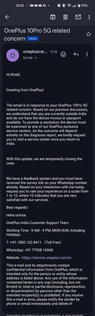 KhalilKhyari's tweet image. FRAUD EXPOSED! @OnePlus_IN claims on X that my case is 'concluded' But Neha Unnisa just emailed me CLOSING the case with NO solution asking me to fly 5k miles! Is this the 'resolution' you promised @kinderliu? @Nikunj516791 @kishanmeta look at this scam! #OnePlusScam #GreenLine