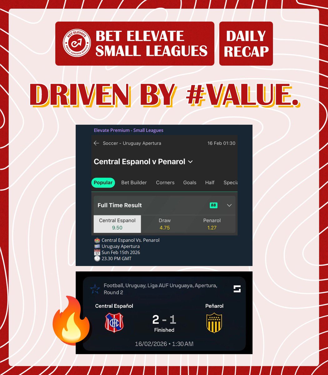 BetElevate's tweet image. 🔴 Small Leagues
🇺🇾 Primera Division
🏟️ Central Espanol Vs. Penarol

🎯 Central Espanol @ 9.50 📉 7.00 ✅✅

🤖 @oddsnotifier 

#GamblingTwitter #Gambling𝕏