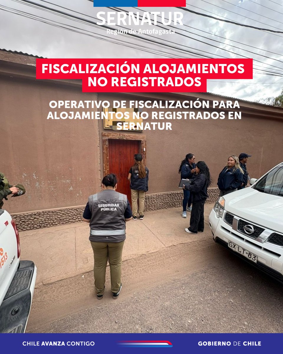 🛑 Operativo de fiscalización en la comuna de San Pedro de Atacama.
Junto al SII, Inspección Municipal y SERNATUR, estamos fiscalizando *alojamientos turísticos NO registrados en Sernatur* para asegurar el cumplimiento de la Ley de Turismo 20.423 serviciosturisticos.sernatur.cl