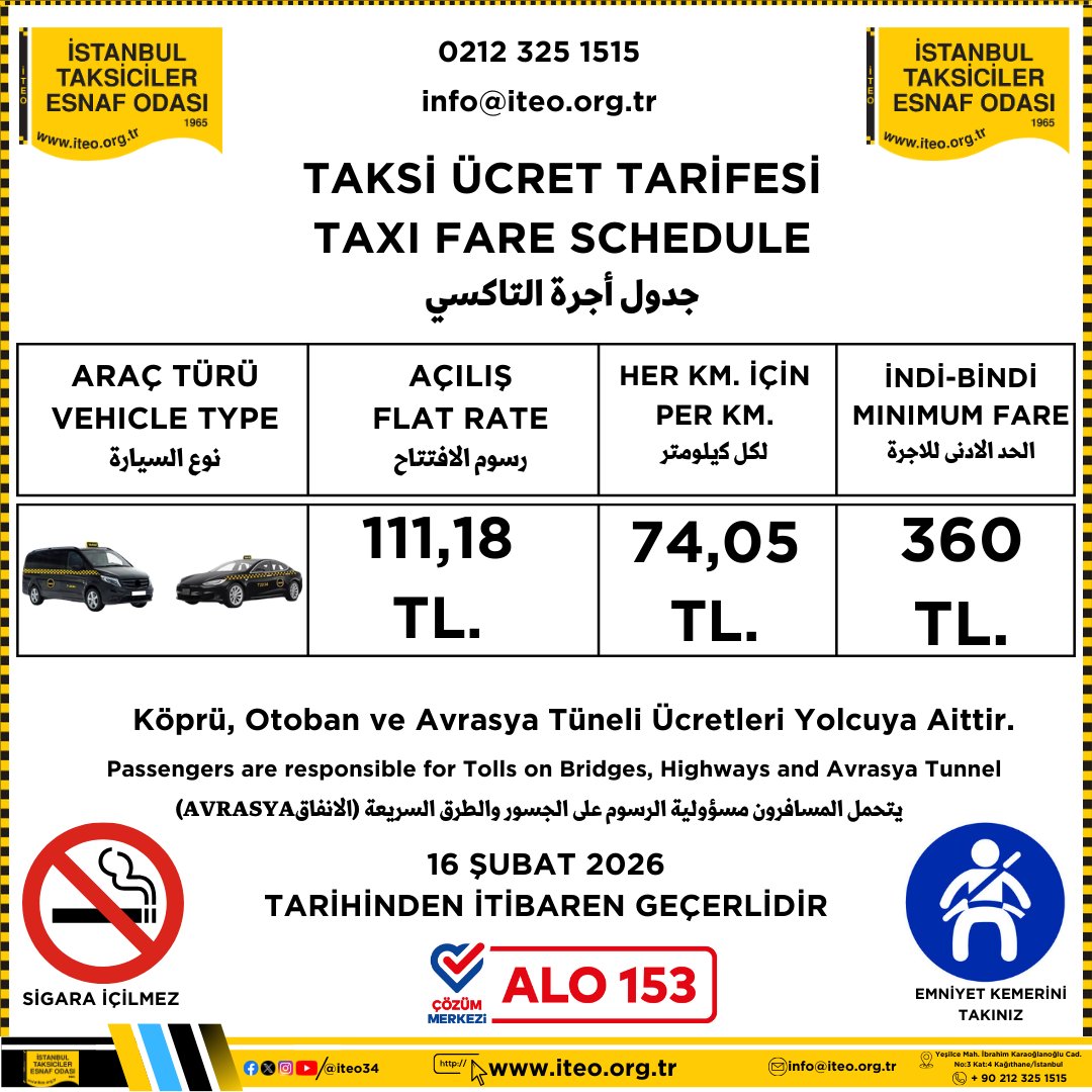 Değerli Taksi esnafımız, kıymetli müşterilerimiz,
İstanbul’da taksi ücret tarifeleri güncellenmiş olup, yeni ücret tarifesi 16 Şubat 2026 itibarıyla uygulamaya alınmıştır.
Hazırlanan güncel tarife görselleri bilgilerinize sunulmuştur.
Esnafımıza ve vatandaşlarımıza hayırlı olsun.