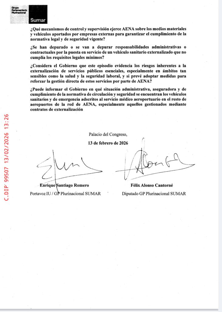 🚨 AMBULANCIAS SIN SEGURO EN BARAJAS 🚨
Pregunta Parlamentaria 
Una ambulancia en un aeropuerto internacional… sin seguro.
Servicio externalizado + personal propio de AENA = riesgo para trabajadores y usuarios.
No es un error puntual.
Es el modelo de externalización.