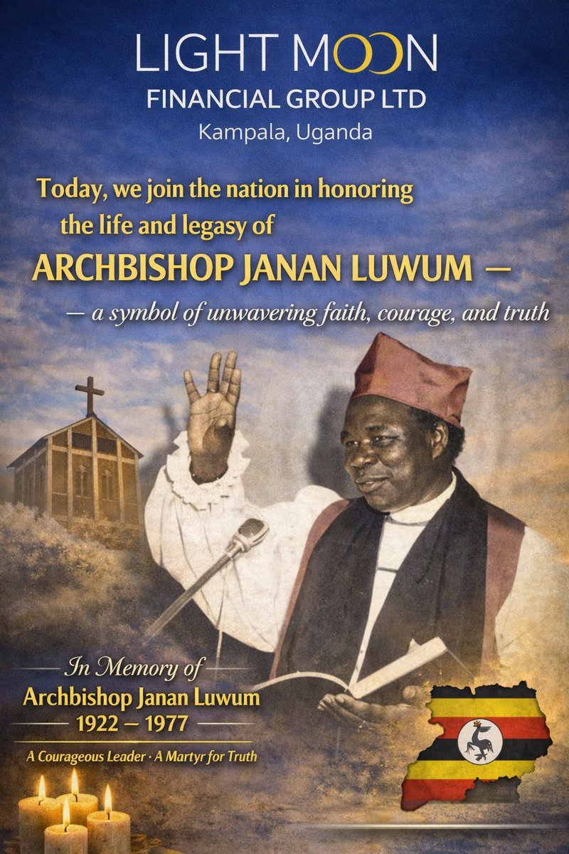 Today we remember Janan Luwum — a symbol of faith, courage, and truth.
His legacy calls us to lead with integrity, speak boldly, and stand firm for justice.
We remember. We honor.
#JananLuwumDay   #Uganda 
#LightMoonFinancialLtd
#Gold