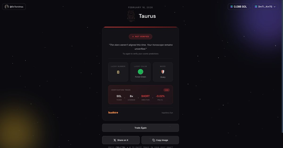 0xTanishaa's tweet image. never thought I'll trade my horoscope onchain, but here we are xd

@tryhashtro was super fun to tested out, sad my horoscope didn't get verified. 

any tips on how to align my stars?