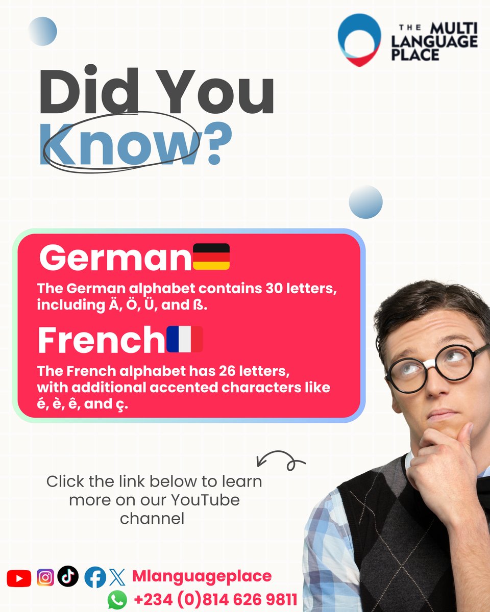 mlanguageplace's tweet photo. Did you know? 🤔
German 🇩🇪 has 30 letters (Ä, Ö, Ü, ß).
French 🇫🇷 has 26, plus accented letters like é & ç.
Every language has its own beauty
Learn it the right way with us.
#LearnGerman #LearnFrench #LanguageFacts #MultiLanguagePlace https://t.co/aVcsAw7kNu